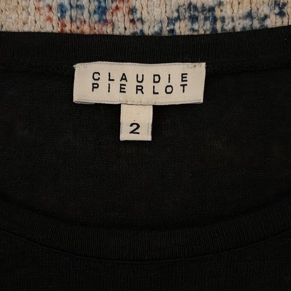 Claudie Pierlot Black Linen 3/4 Sleeve Tee W/ Calf Leather Elbow Patch SZ 2 NWOT - Picture 3 of 5